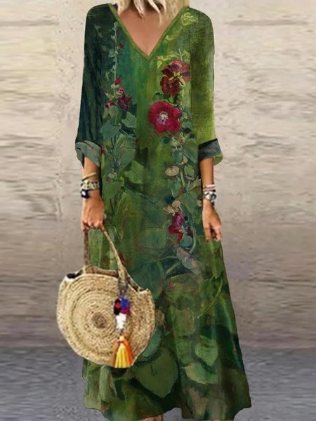 

V Neck Regular Fit Casual Dress, Green, Dresses