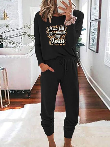 

Text Letters Casual Loose Crew Neck Two-Piece Set, Black, Suit Set
