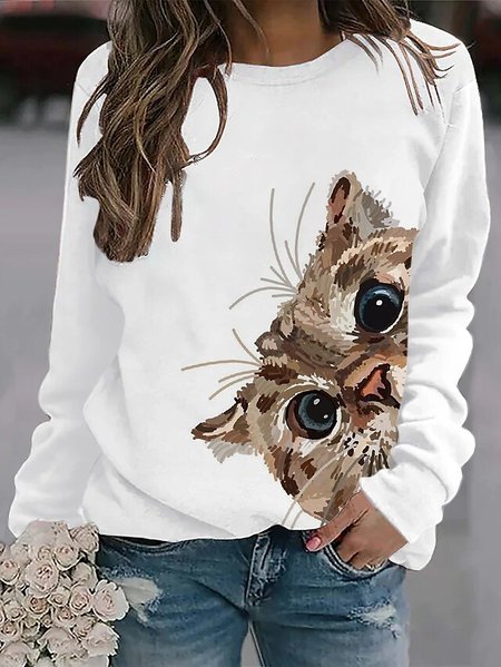 

Cute Cat Loose Long-sleeved Casual Sweater, White, Sweatshirts & Hoodies