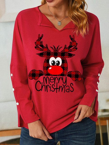 

Women Funny Buffalo Plaid Reindeer V Neck Christmas Simple Sweatshirt, Red, Hoodies&Sweatshirts