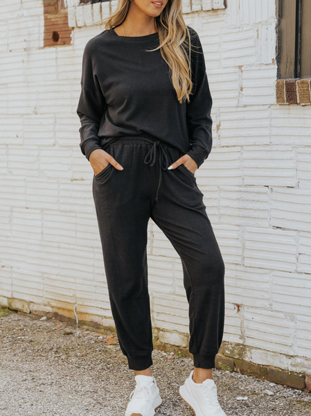 

Casual Crew Neck Plain Two Piece Sets, Black, Suit Set