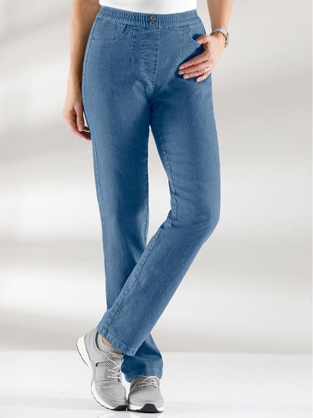 

JFN Denim Elastic Waist Button Casual Pants, Blue, Jeans