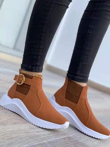 Lightweight Soft Sole Buckle Low Top Casual Sneakers Chelsea Boots, Brown, Sneakers