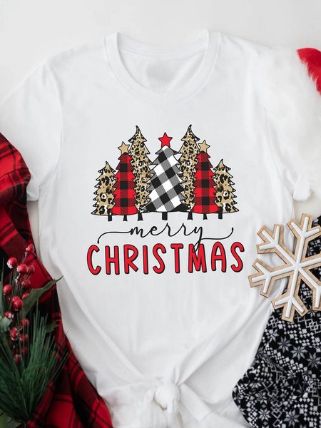 

Women Merry Christmas Leopard Print Simple Loose T-Shirt, White, T-shirts
