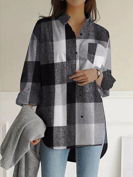 

Plaid Loose Casual V Neck Blouse, Black, Shirts & Blouses