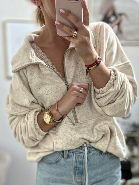 

Solid colored floral yarn zipper lapel sweatshirt plus size, Khaki, Sweatshirts & Hoodies