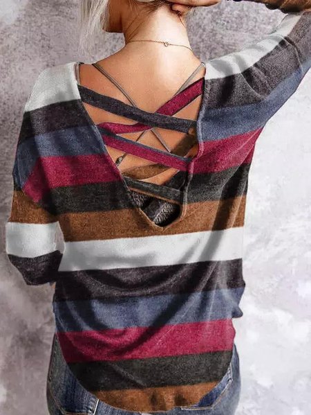 

Casual Color Strip Design V-neck Long-sleeved Loose T-shirt, Multicolor, T-Shirts