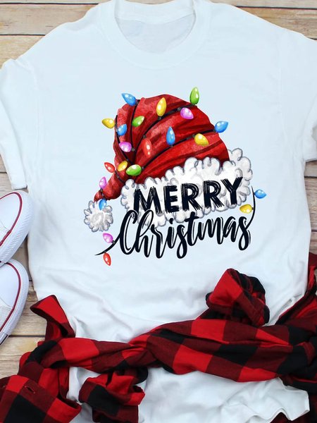 

Women Cute Santa Hat Christmas Loose Simple T-Shirt, White, T-shirts