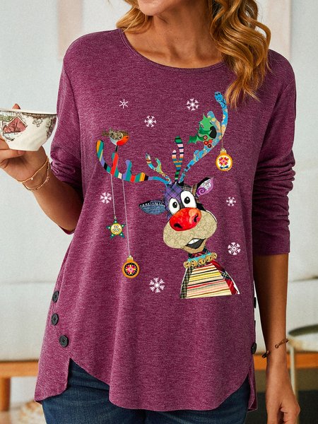 

Women Christmas Elk Crew Neck Casual Long Sleeve Top, Burgundy, Long sleeves