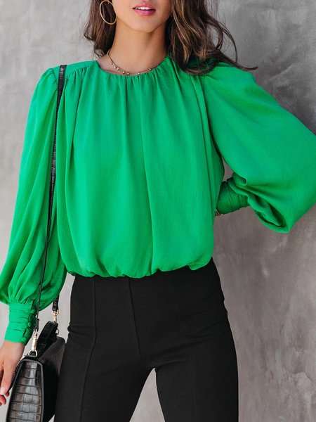 

Elegant Loose Plain Crew Neck Blouse, Green, Blouses and Shirts