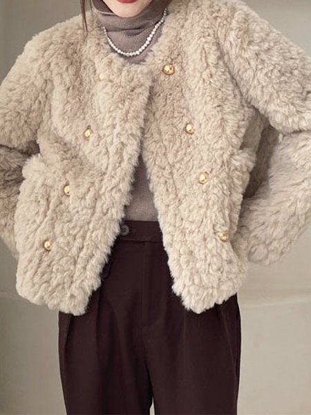 

Simple Crew Neck Plain Long Sleeve Jacket, Apricot, Jackets