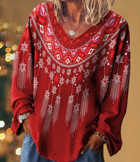 

Regular Fit Ethnic V Neck Tops, Red, Tops