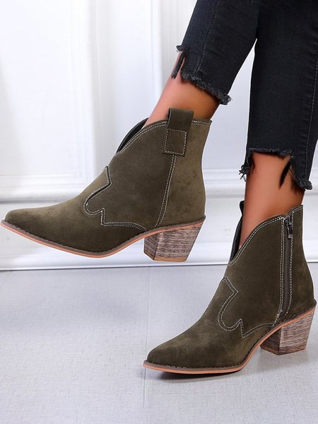 

Stylish Patchwork Chunky Heel Pointed Toe Zip Booties, Army green, Boots
