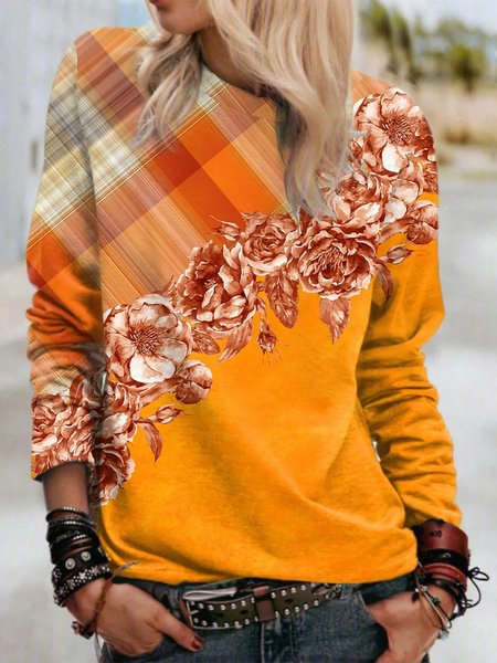 

Crew Neck Casual Plaid And Floral Sweatshirt, Yellow, Hoodies & Sweatshirts