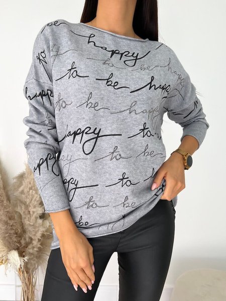 

Casual Lettering Crew Neck Loose Top, Gray, T-Shirts