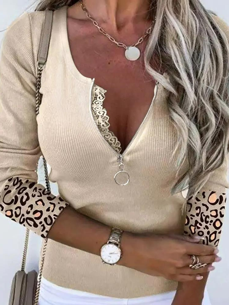 

Casual Leopard Print Contrast Lace Long Sleeve Top, Khaki, T-Shirts