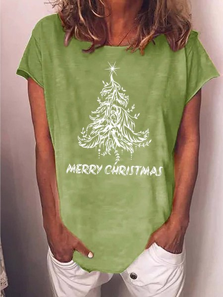 

Women Christmas Tree Casual Crew Neck T-Shirt, Green, T-shirts