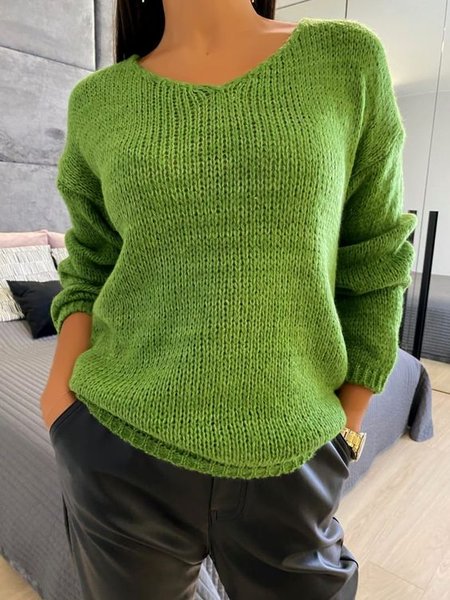 

V Neck Loose Wool/Knitting Sweater, Green, Sweaters & Cardigans