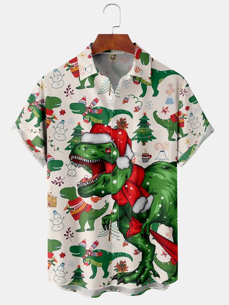 

Men's Christmas Dinosaur Print Short Sleeve Hawaiian Shirt with Chest Pocket, Green, Short Sleeve Shirts