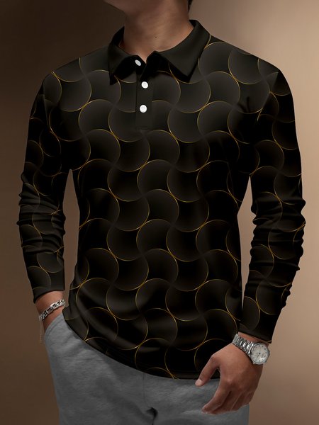 

Men's 3D Gradient Abstract Stripe Print Button Business Soft Long Sleeve Polo Shirt, Black, Long Sleeve T-shirts