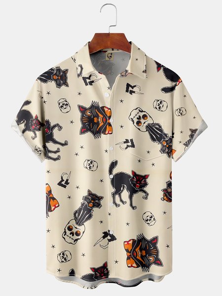 

Cat Skull Breast Pocket Short Sleeve Shirt Lapel Print Top, Light khaki, Short Sleeve Shirts