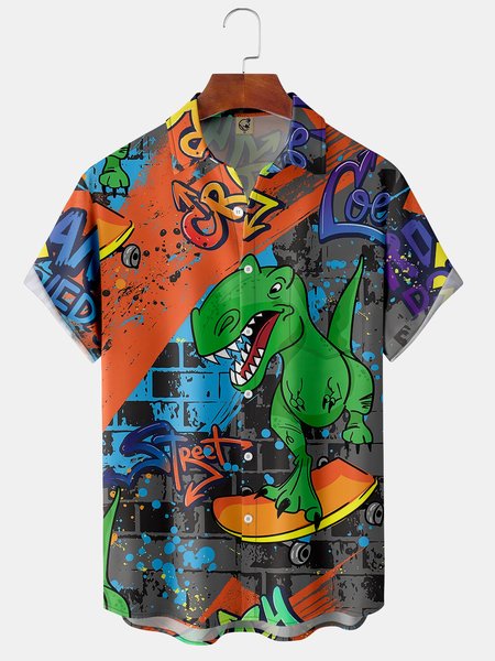 

Dinosaur Chest Pocket Short Sleeve Shirt, Green, Men Shirts