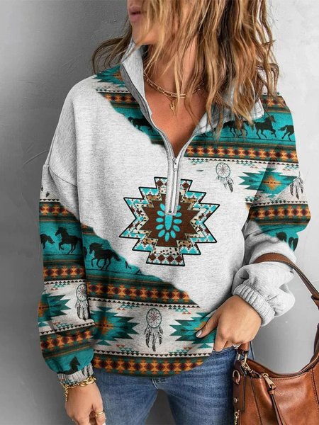 

V Neck Zipper Boho Ethnic Sweatshirt, Blue, Sweatshirts & Hoodies