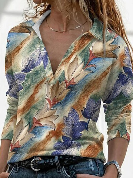 

Loose V Neck Floral T-Shirt, Multicolor, T-Shirts