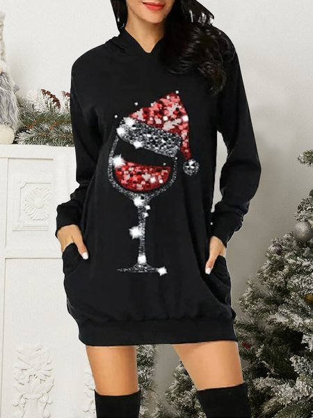 

Christmas Red Wine Glass Hoodie Casual Dresses, Black, Mini Dresses