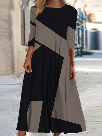 

Color Block Crew Neck Dresses, Black-coffee, Midi Dresses