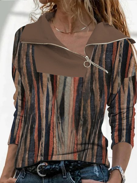 

Lapel zip gradient stripe loose top plus size plus size, Multicolor, Tops