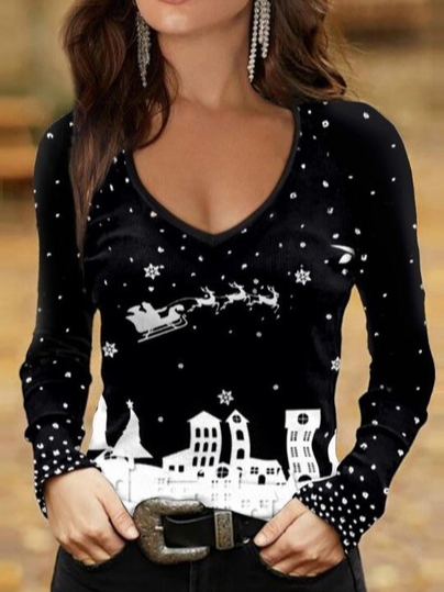 

Christmas V Neck Regular Fit Snowflake T-Shirt, Black, Tops
