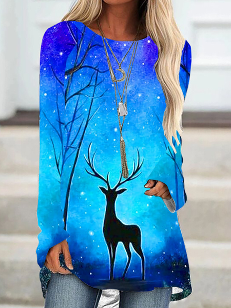 

Women Funny Elk Crew Neck Christmas Casual Dresses, Blue, Long sleeves