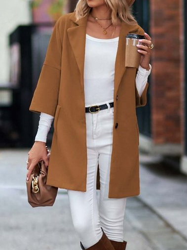

V Neck Woolen Plain Overcoat, Brown, Trench Coats