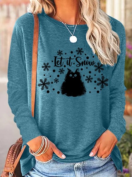 

Lilicloth X Yuna Let It Snow With Cat And Snowflake Women's Christmas Long Sleeve T-Shirt, Green, Long sleeves
