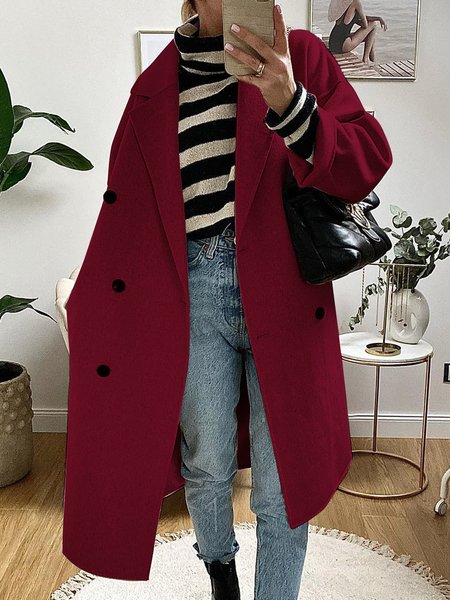 

Wine red Christmas plain button loose woolen overcoat, Coats