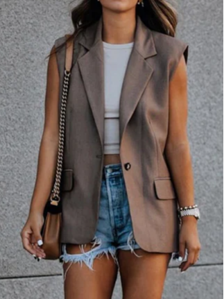 

Plain Loose Lapel Collar Urban Vest, Brown, Outerwear