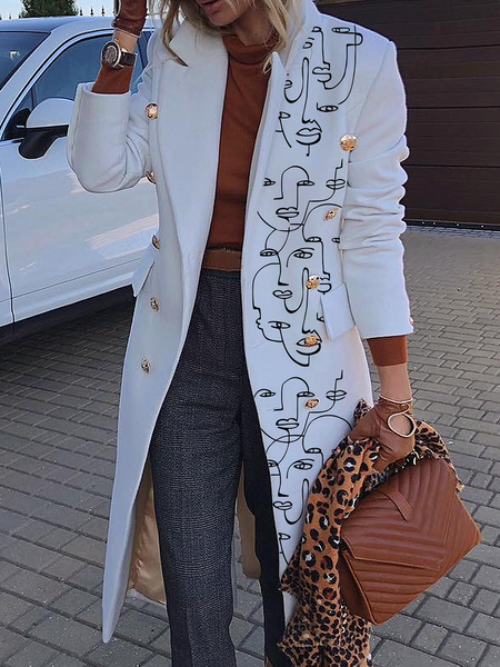 

Loose Lapel Collar Urban Long Long sleeve Overcoat, White, Coats