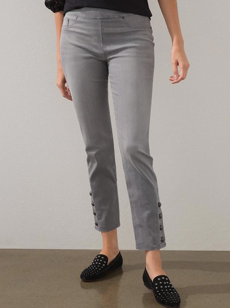 

Plain Cotton-Blend Regular Fit Casual Pants, Gray, Pants