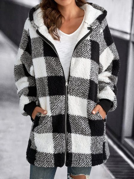 

Hoodie Plaid Loose Overcoat, Black-white, Outerwear