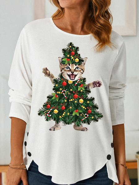 

Womens Funny Cat Christmas Tree PrintTops, White, Long sleeves