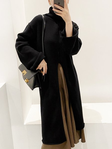 

Turtleneck Simple Plain Long Sleeve Sweater, Black, Pullovers