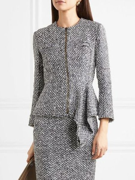 

Plain Elegant Crew Neck Zipper Long Sleeve Jacket, Gray, Jackets