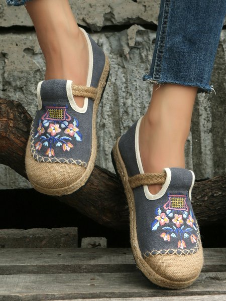 Bohemian Ethnic Floral Embroidery Espadrille Flats, Gray, Flats