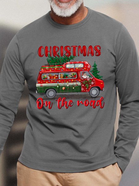 

Men Christmas On The Road Santa Claus Crew Neck Christmas Cotton Top, Gray, Long Sleeves