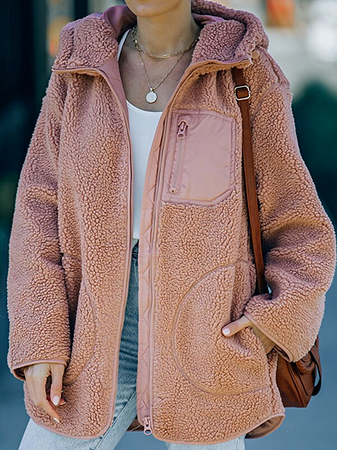 

Hoodie Cotton-Blend Casual Teddy Jacket, Pink, Jackets