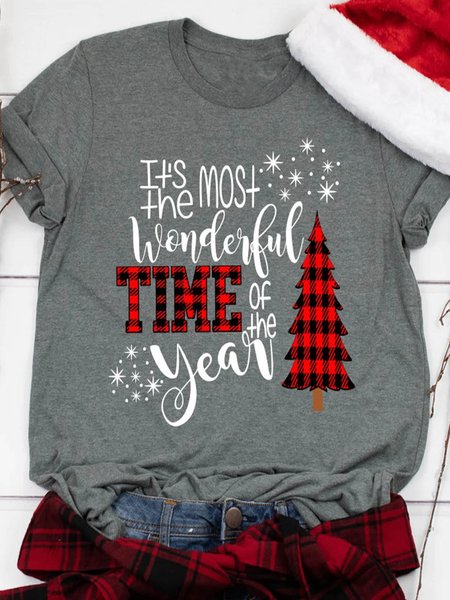 

Women Christmas Buffalo Plaid Crew Neck T-Shirt, Gray, T-shirts