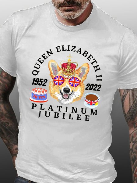 

Men's Rip Queen Platinum Jubilee Corgi Text Letters Cotton Loose T-Shirt, White, T-shirts