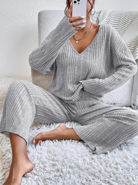 

Plain V-neck elastic waist pocket T-shirt palazzo pants/wide leg pants Set, Light gray, Suit Set