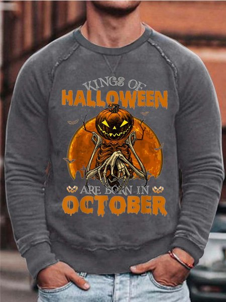 

Men Kings Of Halloween Are Born In October Cotton-Blend Loose Sweatshirt, Gray, Hoodies&Sweatshirts